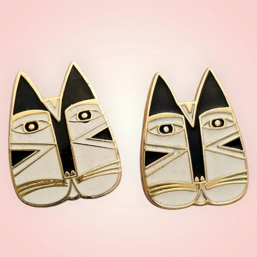 Laurel Burch Earrings GATO CAT‎ FACE Cloisonne Stud Post Vintage Jewelry 1980s